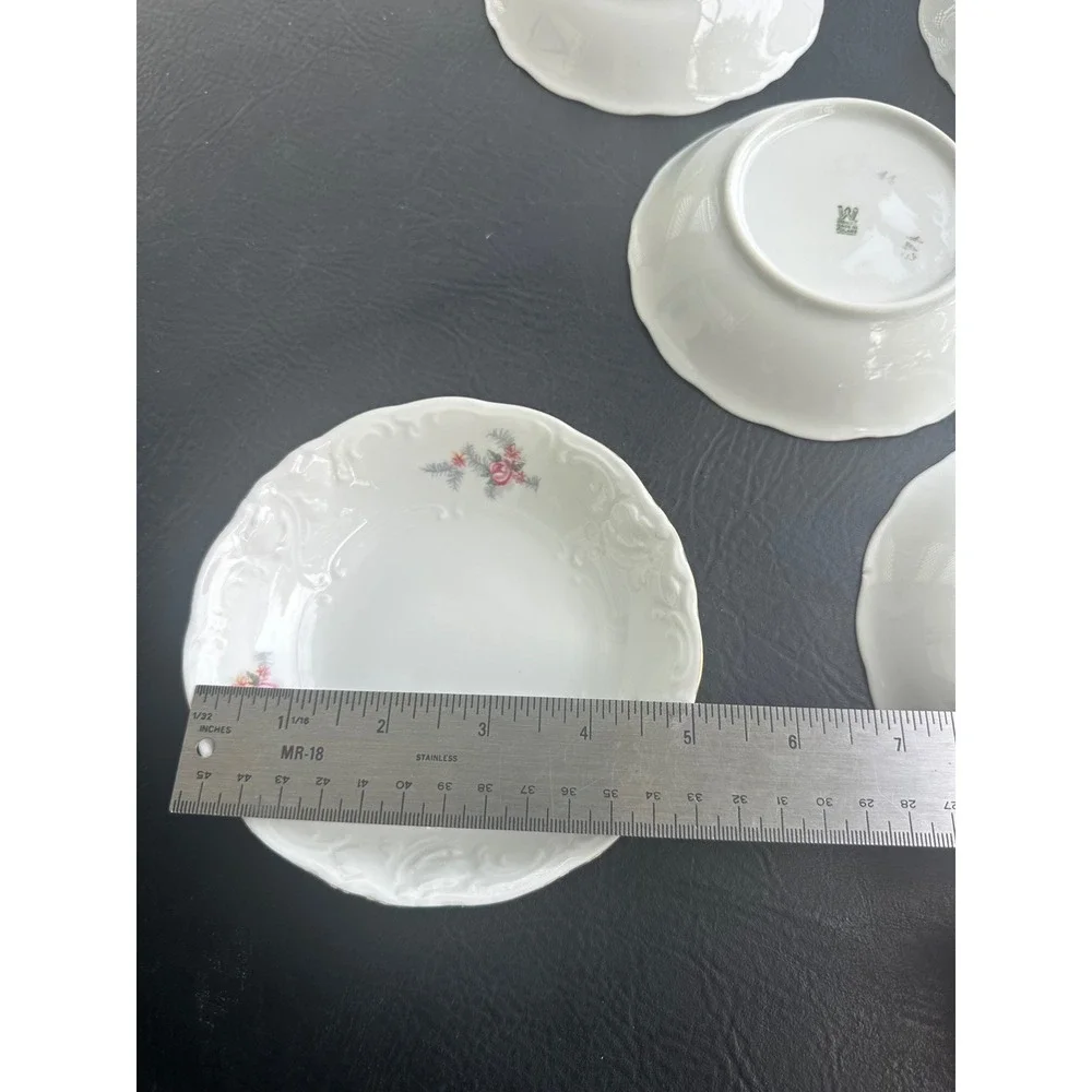 Set of 7 Wawel Poland Porcelain Fruit Bowls White‎ Pink Rose Scalloped Gold Rim